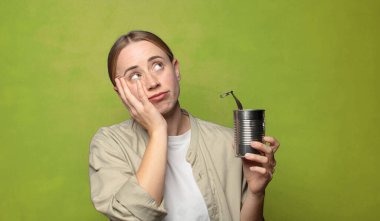 Genç, sarışın, çelik tenekeli bir kadın.