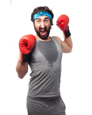 tired sport man with boxing gloves clipart
