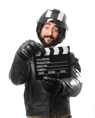 tokmağı ile mutlu motorcu