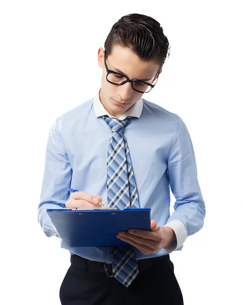 Hombre de negocios feliz con inventario — Foto de Stock