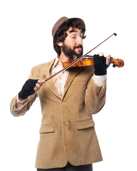 Happy homeless man with fiddle — Stock Photo, Image