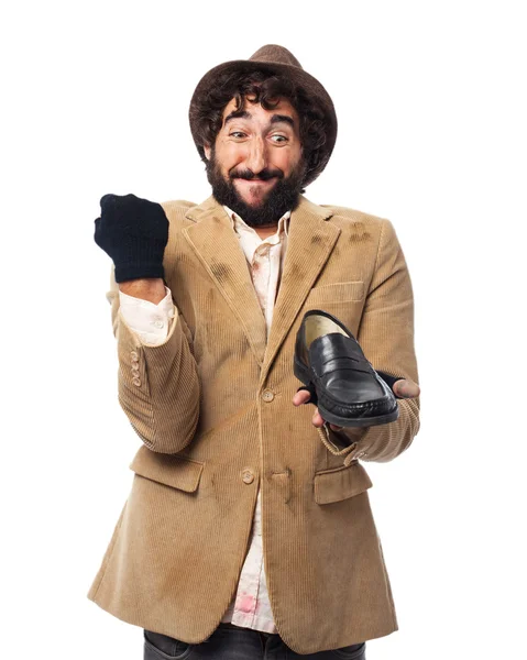 Happy homeless man with shoes — Stock Photo, Image