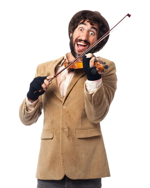 Happy hemlös man med fiol — Stockfoto