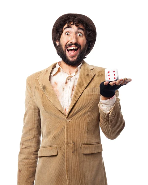 Homem sem-teto feliz com dados — Fotografia de Stock