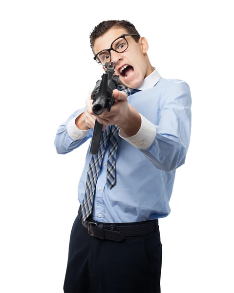 Angry young man pop gun — Stock Photo, Image