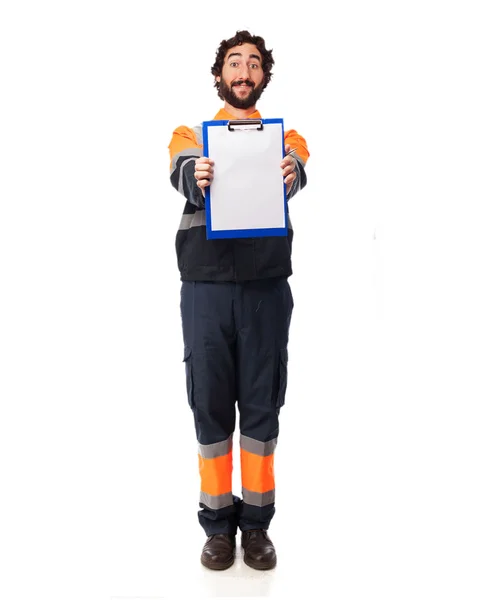 Happy worker man with inventory — Stock Photo, Image