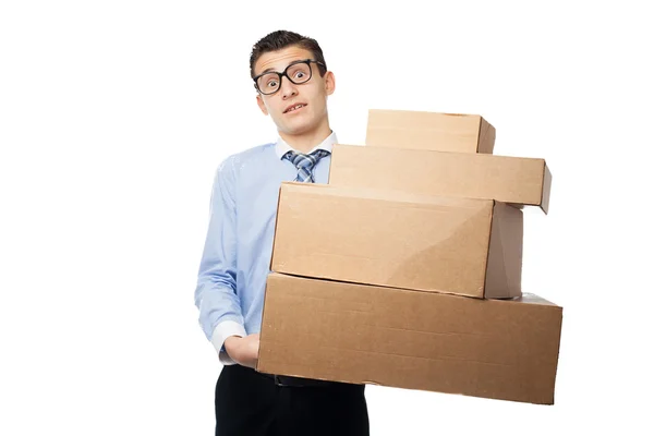 Happy businessman with boxes — Stock Photo, Image