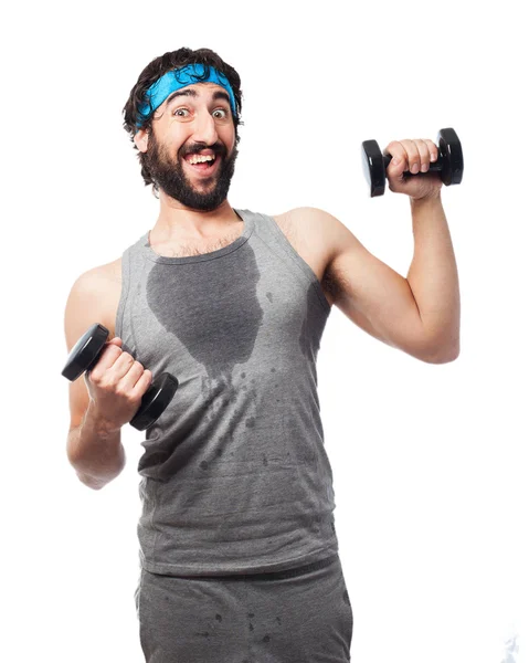 Tired sport man with dumbbells — Stock Photo, Image