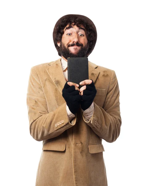 Feliz sem-teto homem com bíblia — Fotografia de Stock