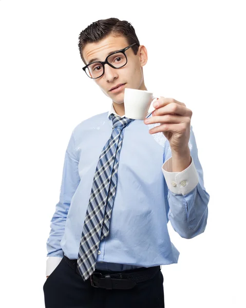 コーヒーを飲みながら幸せなビジネスマン — ストック写真