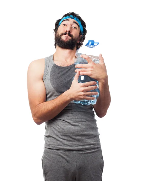 Hombre deporte cansado con botella de agua — Foto de Stock