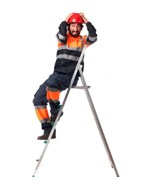 Happy worker man with stair — Stock Photo, Image