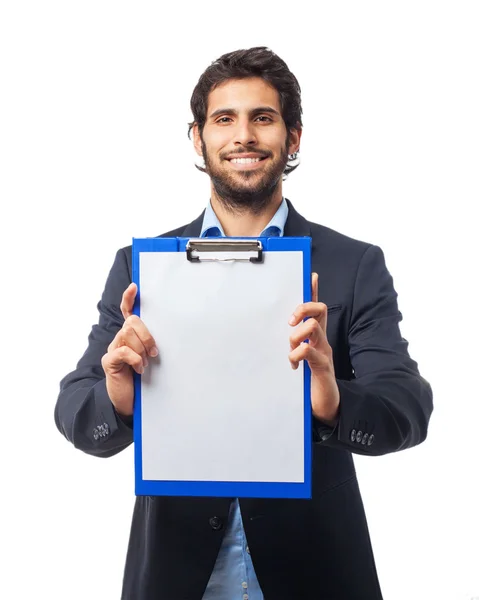 Hombre de negocios feliz con inventario — Foto de Stock