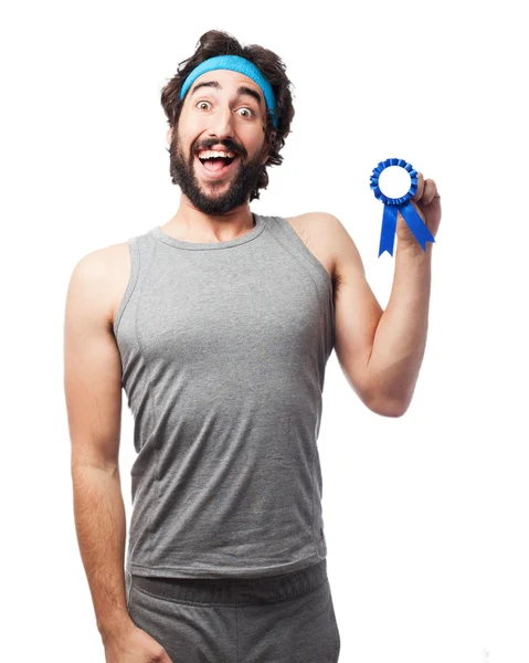 Homem esporte feliz com medalha — Fotografia de Stock