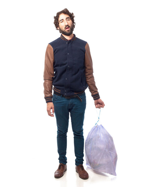boring young man with rubbish bag