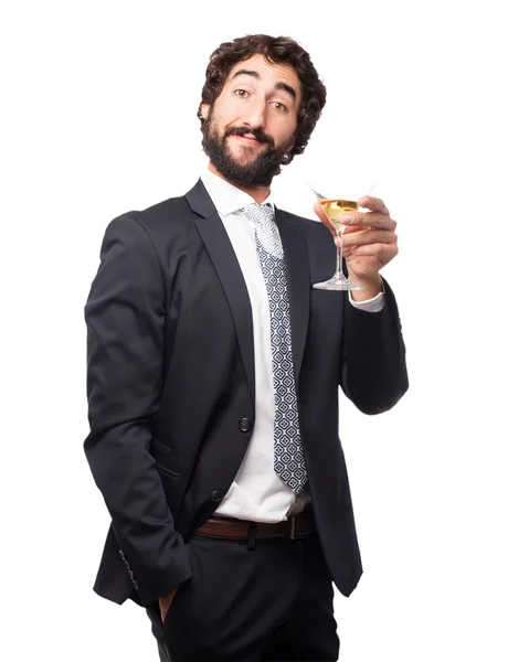 Homem de negócios feliz com bebida alcoólica — Fotografia de Stock