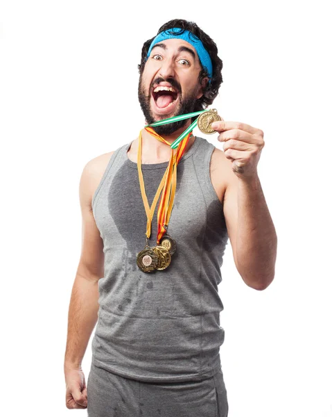 Zmęczony sport człowiek z medalem — Zdjęcie stockowe
