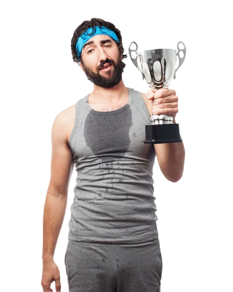 Hombre deporte cansado con copa de deporte — Foto de Stock