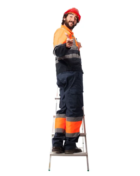 Hombre trabajador feliz con escalera — Foto de Stock