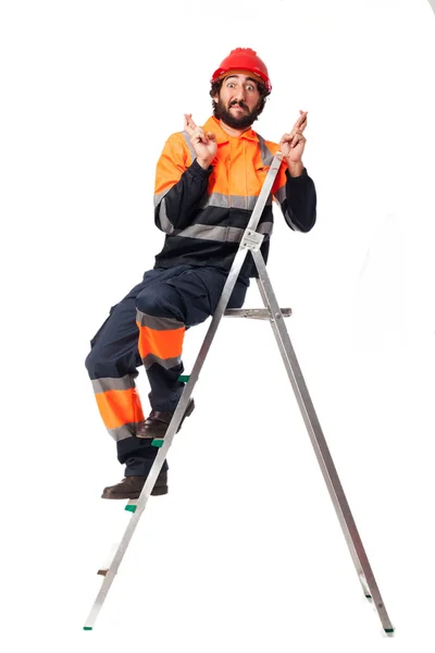 Happy worker man with stair — Stock Photo, Image