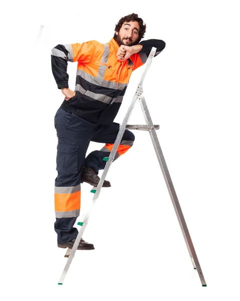 Trabalhador feliz homem com escada — Fotografia de Stock