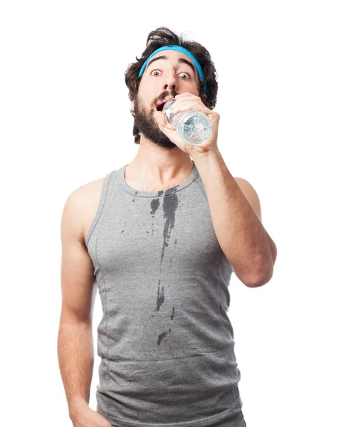 Hombre deporte feliz con botella de agua — Foto de Stock