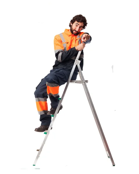 Trabalhador feliz homem com escada — Fotografia de Stock
