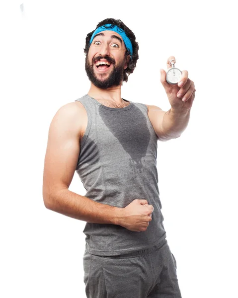 Tired sport man with stopwatch — Stock Photo, Image
