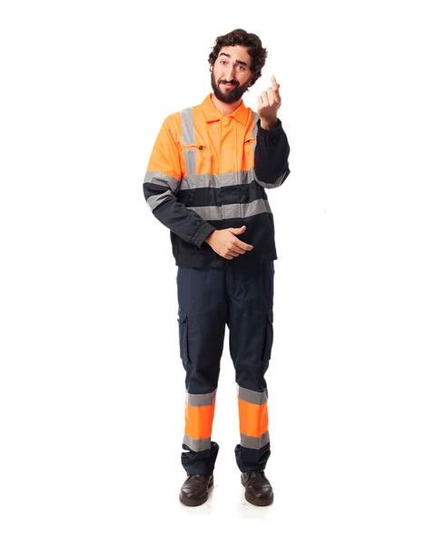 Feliz trabalhador homem contas sinal — Fotografia de Stock