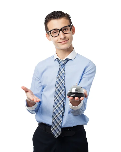 Happy businessman with ring bell — Stock Photo, Image
