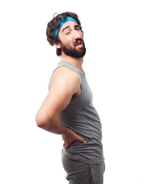 Homem esporte feliz com dor nas costas — Fotografia de Stock