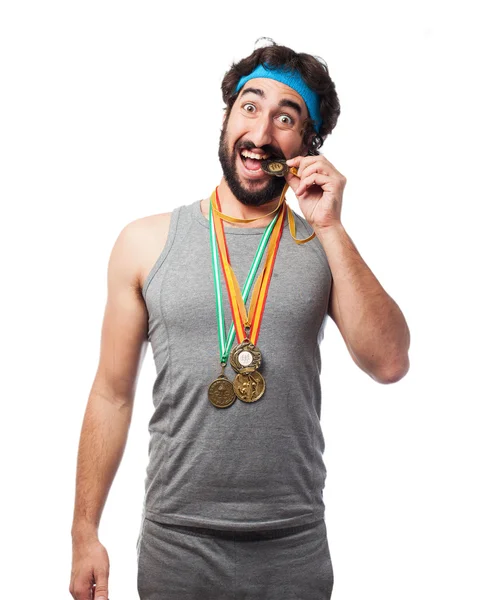 Sport szczęśliwy człowiek z medalem — Zdjęcie stockowe