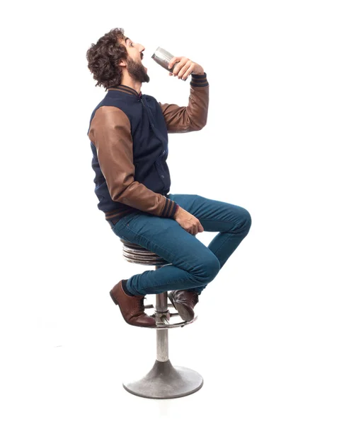 Young man with beer bar stool — Stock Photo, Image