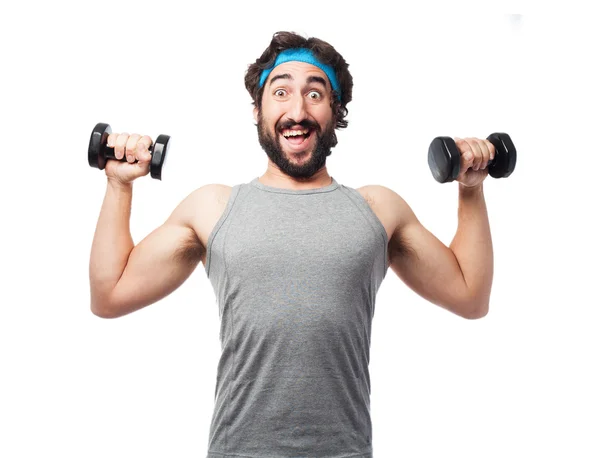 Happy sport man with dumbbells — Stock Photo, Image