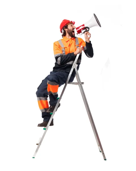 Hombre trabajador feliz con escalera —  Fotos de Stock