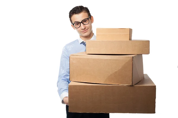 Happy businessman with boxes — Stock Photo, Image