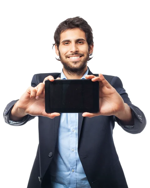 Happy businessman with touching screen — Stock Photo, Image