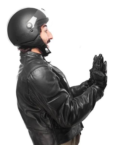 Dur hareketi ile korkmuş motorcu — Stok fotoğraf