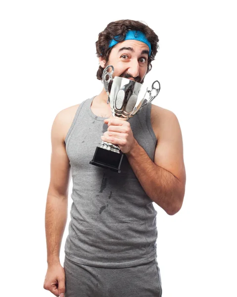 Happy sport man with sport cup — Stock Photo, Image