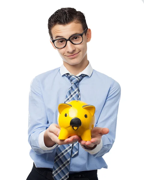 Happy businessman with piggy bank — Stock Photo, Image