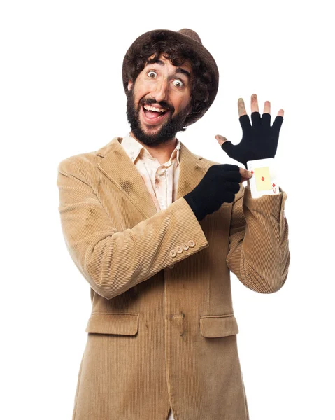 Happy homeless man with ace — Stock Photo, Image