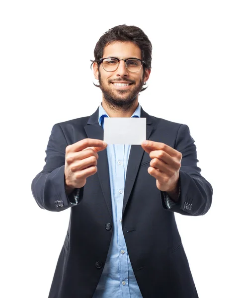 Homme d'affaires heureux avec carte de visite — Photo