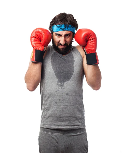 Tired sport man with boxing gloves — Stock Photo, Image