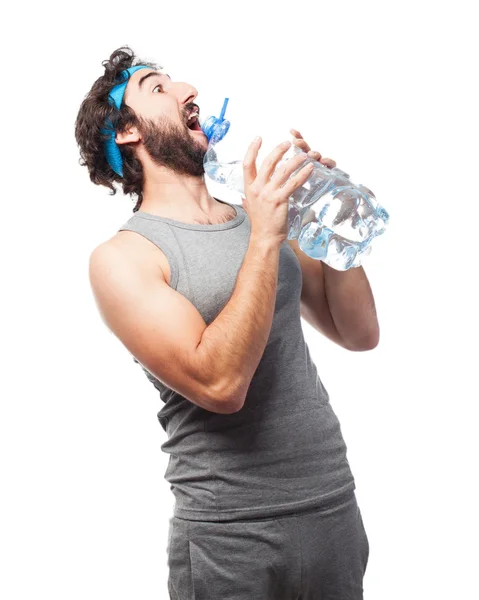 Hombre deporte feliz con botella de agua — Foto de Stock