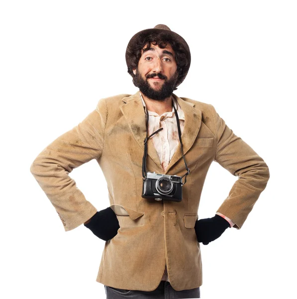 Homem sem-teto feliz com câmera — Fotografia de Stock