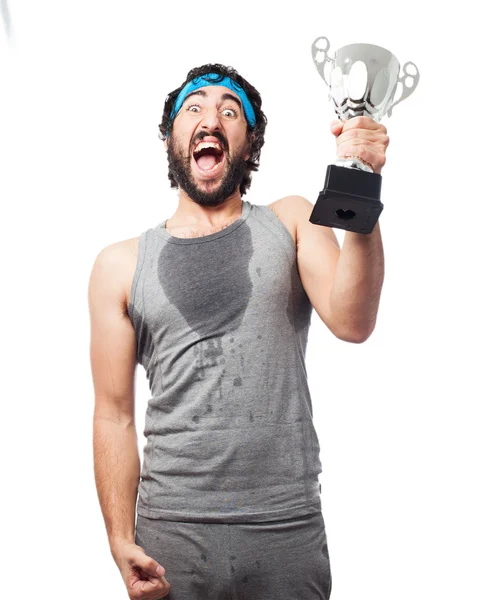 Tired sport man with sport cup — Stock Photo, Image
