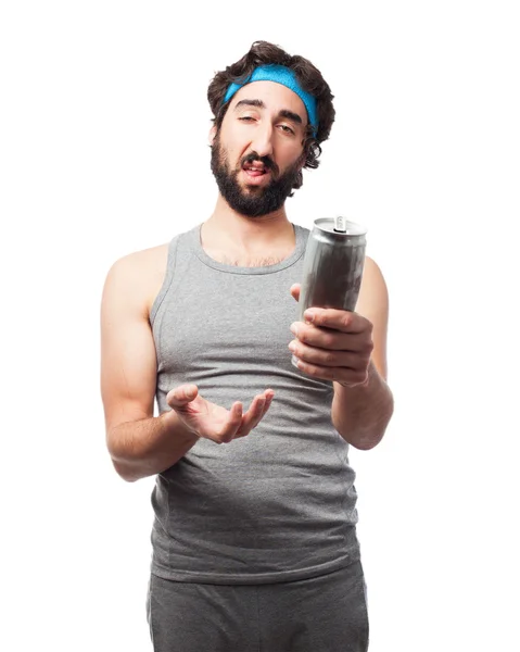 Sad sport man with beer — Stock Photo, Image