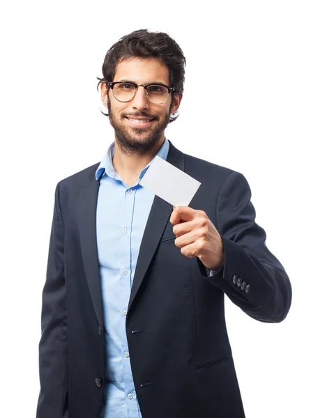 Happy businessman with visit card — Stock Photo, Image