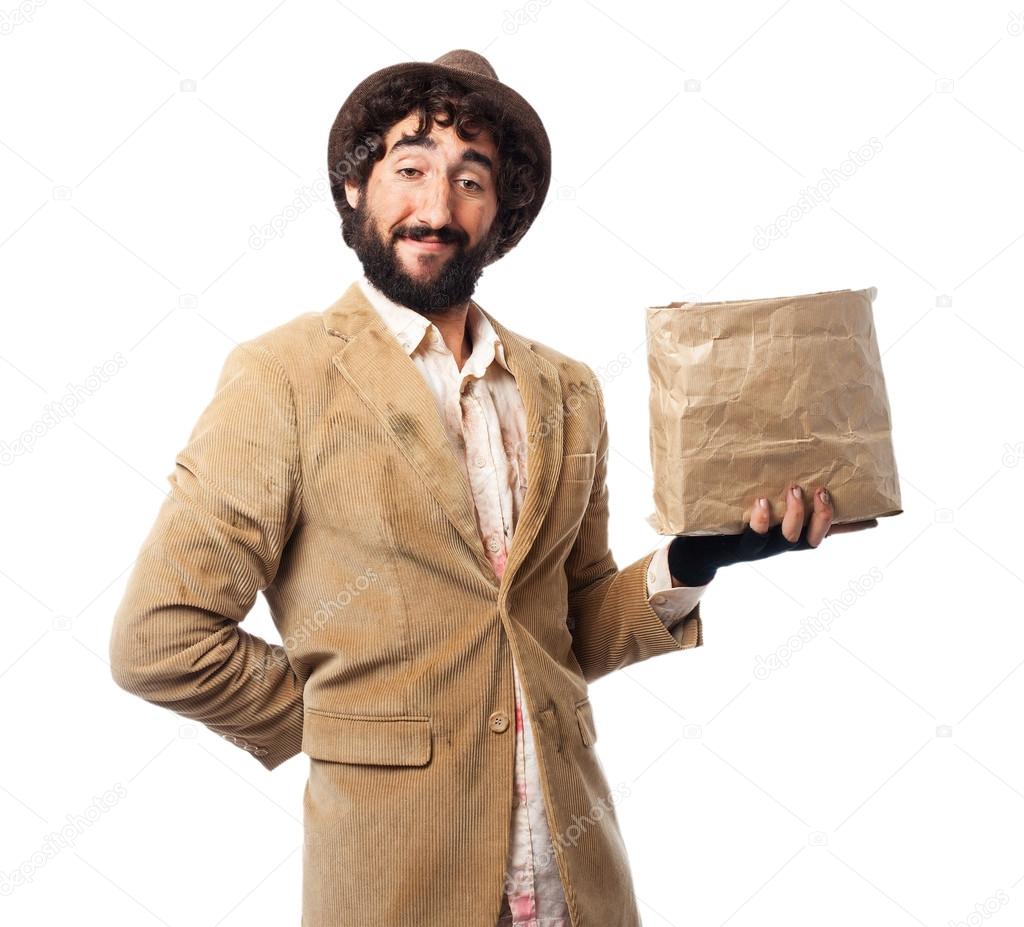 surprised homeless man with paper bag