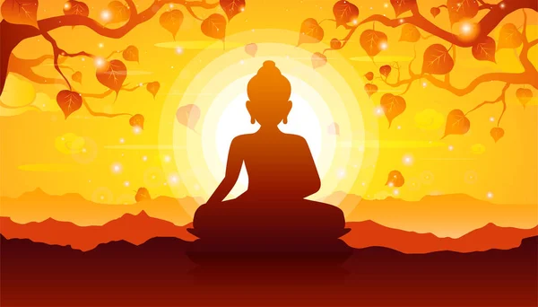 Βούδας Κάθεται Κάτω Από Bodhi Δέντρο Στο Φόντο Ηλιοβασίλεμα Magha — Διανυσματικό Αρχείο